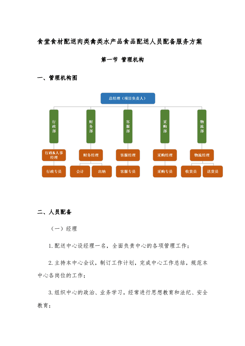食堂食材配送肉类禽类水产品食品配送人员配备服务方案.docx